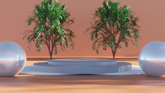 Einfaches 3D-Renderpodium auf realistischem Design mit orangefarbenem Hintergrund