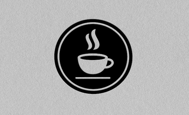 Einfaches Vektor-Kaffeebecher-Symbol in einem schwarzen Kreis auf einem textierten hellgrauen Hintergrund