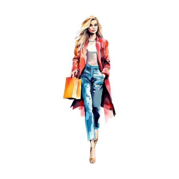 Einkaufsfrau mit einem modernen Stil Aquarell-Illustration isoliert auf einem weißen Hintergrund