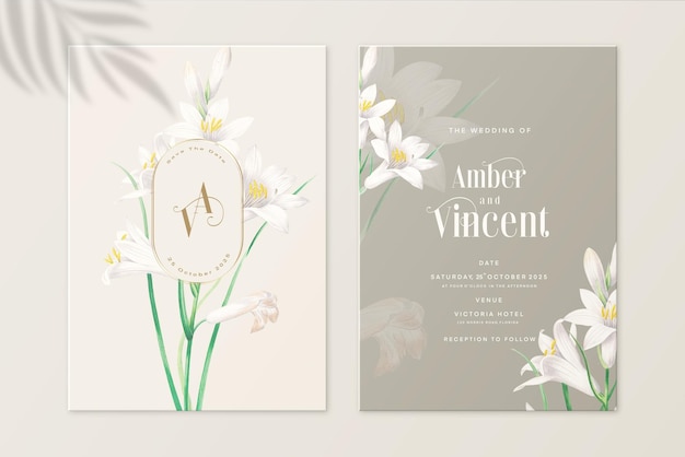 Einladung zur blumenhochzeit und save the date mit weißer blume