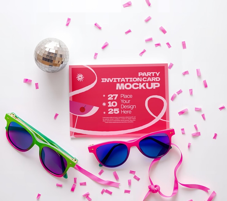 PSD einladungskarten-mockup-party-design mit sonnenbrille und konfetti