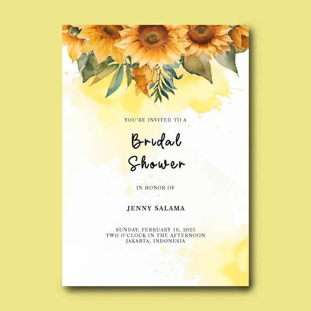 Einladungsvorlage für die Brautparty mit Sonnenblumen im Aquarellstil