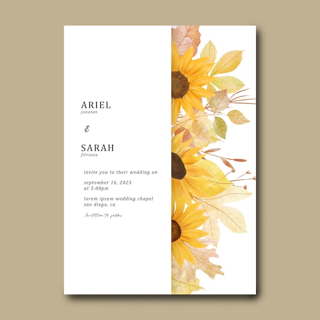 Einladungsvorlage mit Aquarell Sonnenblumen und Herbstlaub