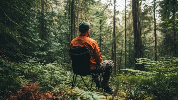 PSD einsamkeit im smaragdwald ein mann betrachtet die größe der natur