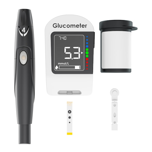 Einstellbares Glucometer-Lansiergerät und Glukose-Teststreifenbehälter mit Einweg-Teststreichen mit 3D-Rendering, isoliert auf durchsichtigem Hintergrund