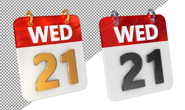 Einundzwanzigste 21. Mittwoch Datum 3D-Icon Isolierter Goldverstärker Glänzender 3D-Rendering