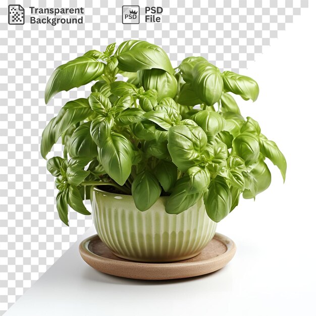 PSD einzigartige topfpflanze in einer weißen vase mit grünen blättern auf einem runden sockel, platziert auf einem weißen tisch mit einem dunklen schatten im hintergrund