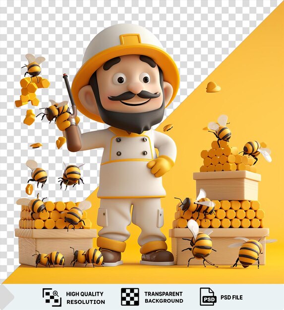 PSD einzigartiger 3d-beekeeper-cartoon, der bienenstöcke vor einer gelben wand inspiziert, einen gelben hut trägt und eine schwarze waffe mit einem weißen spielzeug in der nähe hält