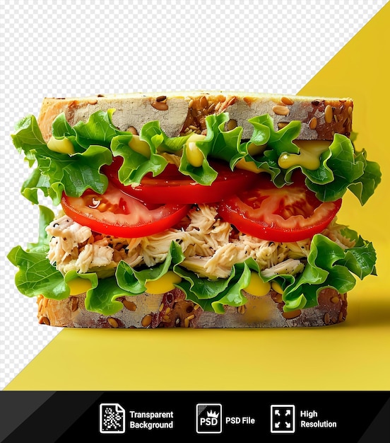 PSD einzigartiges hausgemachtes thunfisch-sandwich mit tomaten und salat auf braunem brot gegen eine gelbe wand png psd