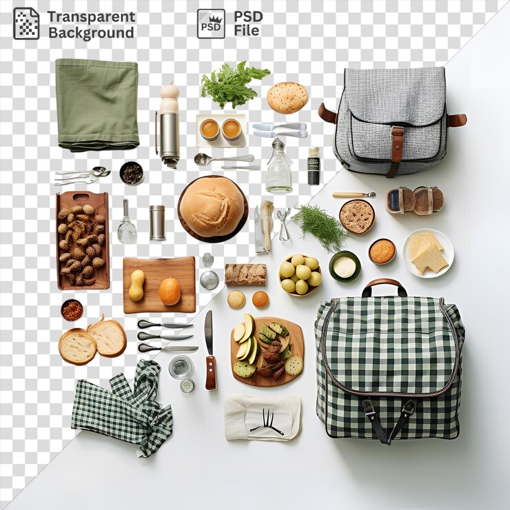 PSD einzigartiges picknick-set mit einer vielzahl von speisen und getränken, darunter braune eier, ein silbernes messer, eine glasflasche und eine plaid-tasche, die auf einem transparenten hintergrund mit einem grünen handtuch angeordnet sind