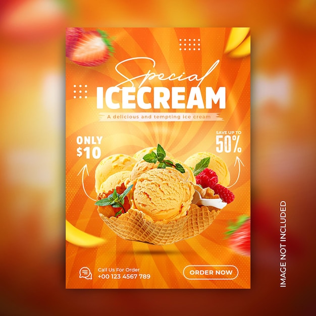 Eis-flyer-vorlagen-design mit erdbeerschokolade auf orangefarbenem hintergrund