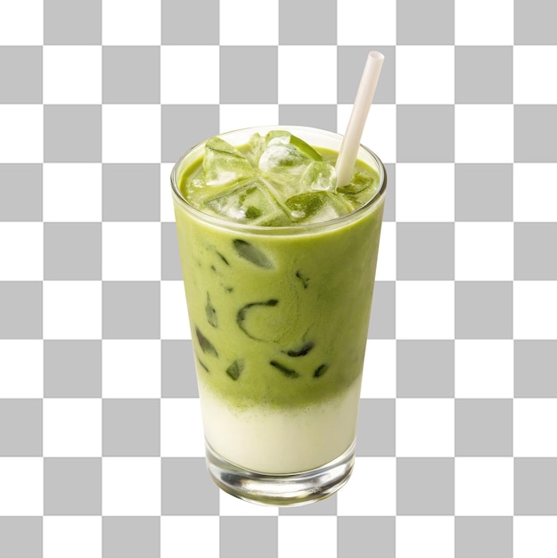 Eismilch-Matcha-Latte-Grüntee auf einem Glas mit Stroh und cremigen Wirbeln auf einem durchsichtigen Hintergrund