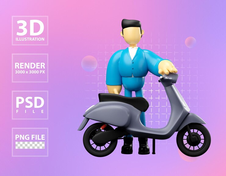 PSD ejemplo 3d del hombre de negocios que monta la vespa gris
