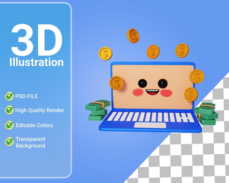 PSD ejemplo lindo del icono de la historieta del ordenador portátil y del dinero. concepto de icono de negocios y finanzas blanco 3d aislado