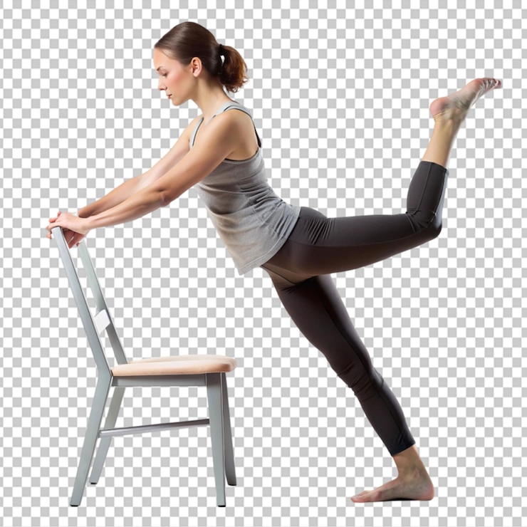 PSD ejercicios de yoga que se pueden hacer en casa usando una silla sentada sobre un fondo transparente