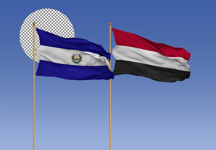 PSD el salvador and yemen wavy flags together bilateral relations 3d rendering