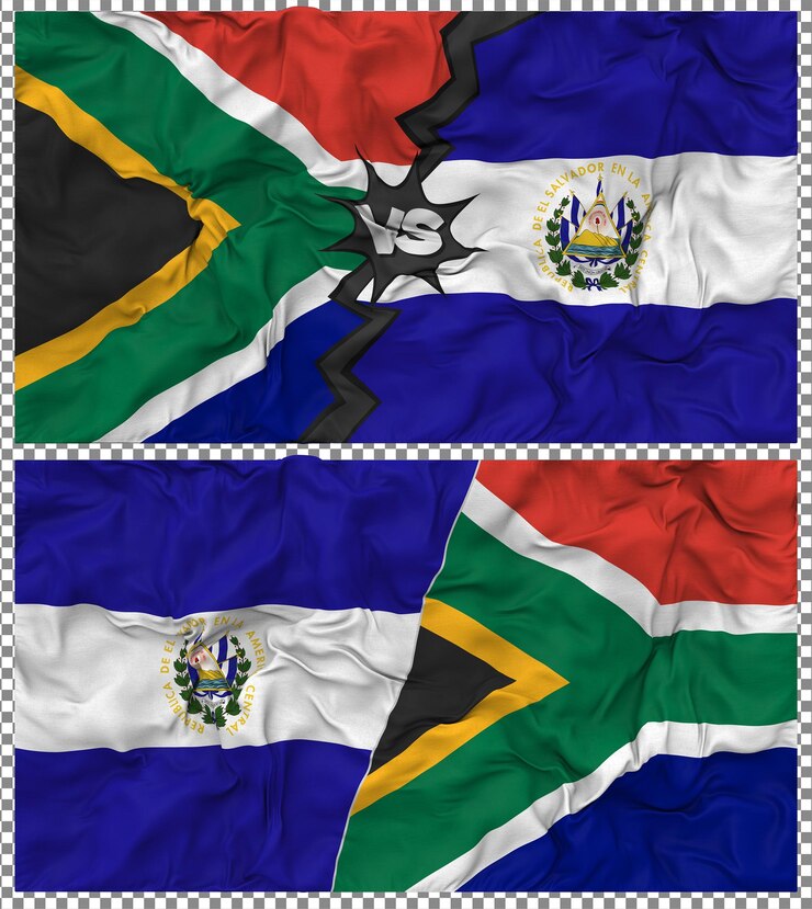 PSD el salvador contra a áfrica do sul meia bandeira combinada textura de tecido 3d rendering
