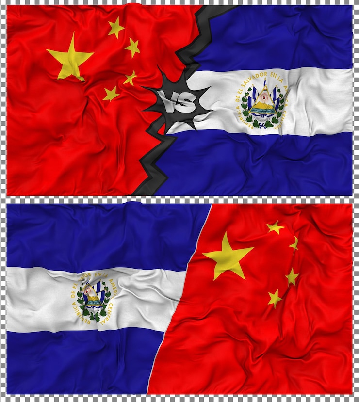 PSD el salvador contra a china meia bandeira combinada textura de tecido de bump renderização 3d