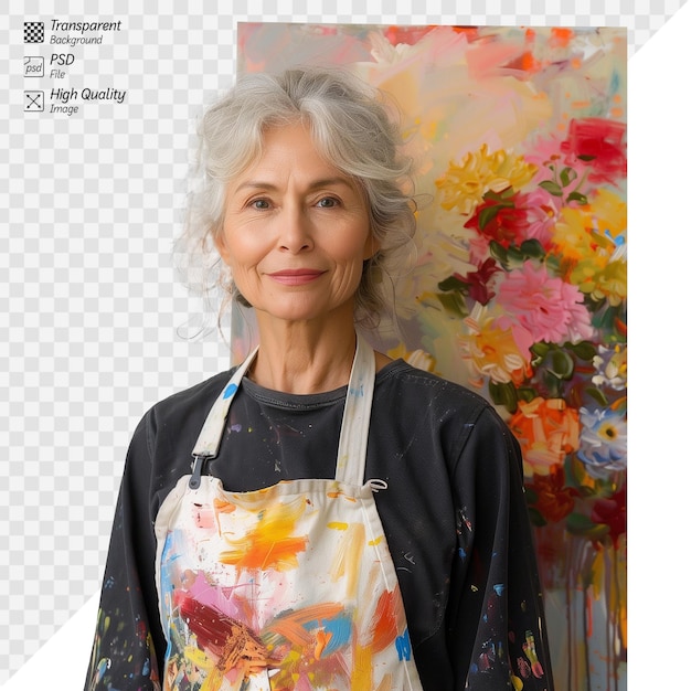 PSD elderly female artist with colorful canvas in background