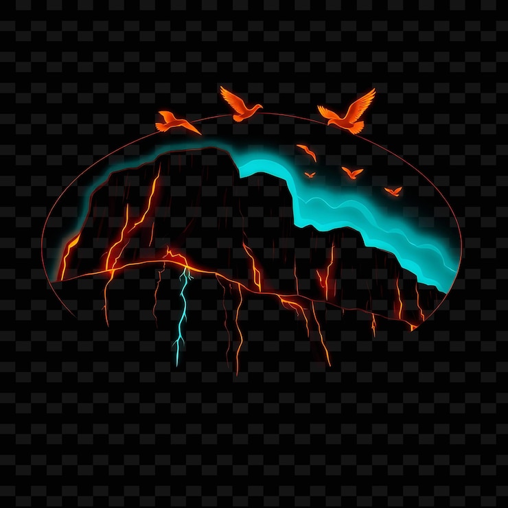 PSD electric neon cliffside dentro de una silueta oval con vides de neón colgando de los acantilados y brillando