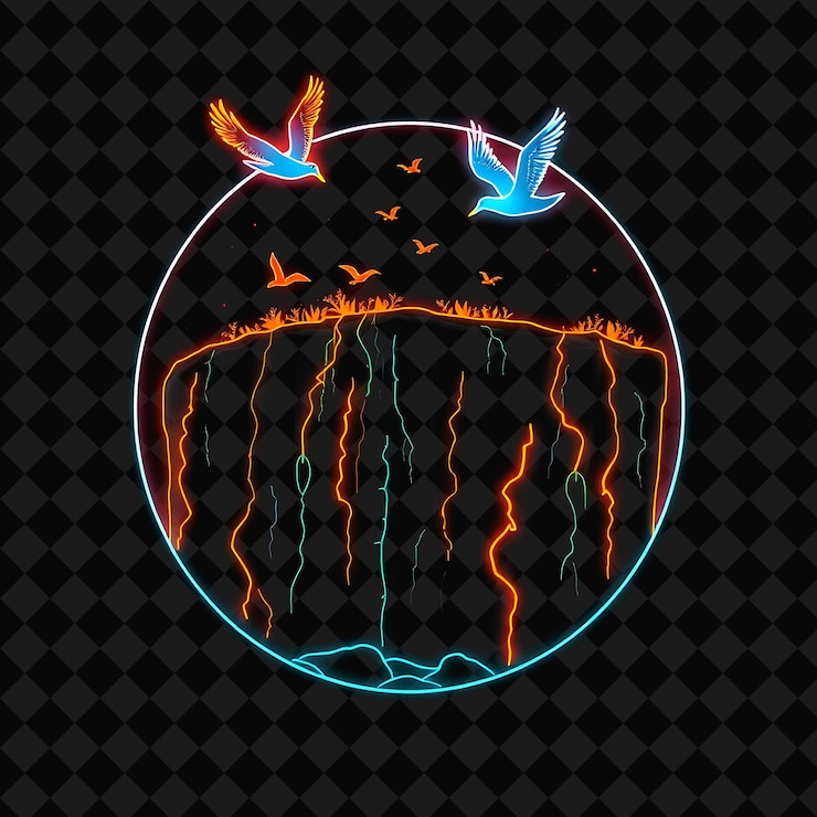 PSD electric neon cliffside dentro de una silueta oval con vides de neón colgando de los acantilados y brillando
