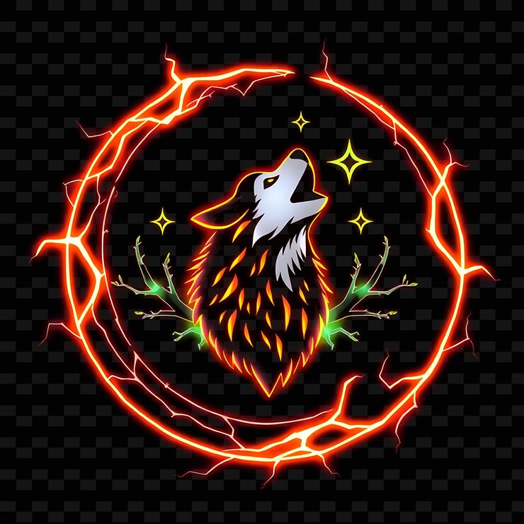 PSD electric neon crackle enmarcando una insignia en forma de media luna con curvas suaves y picos en el interior es un ho