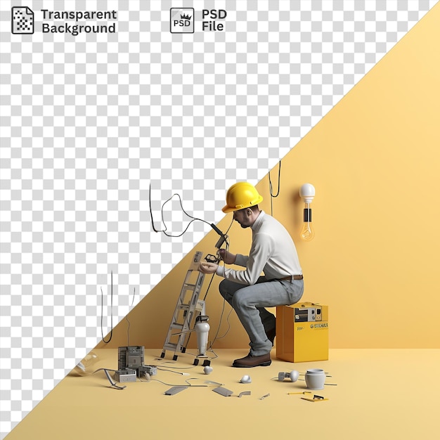PSD un électricien 3d installant un appareil lumineux dans une pièce avec un mur jaune et un sol blanc portant une chemise blanche et grise et des chaussures brunes tout en tenant une boîte jaune