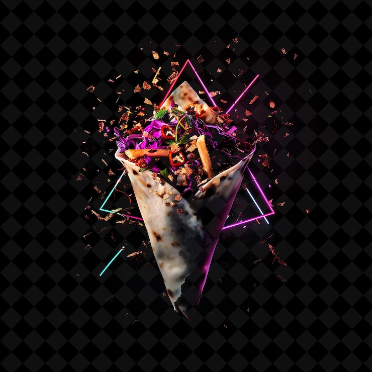 PSD electrifying neon triangles turkish doner kebab in a stylish png neon food decor y2k collection