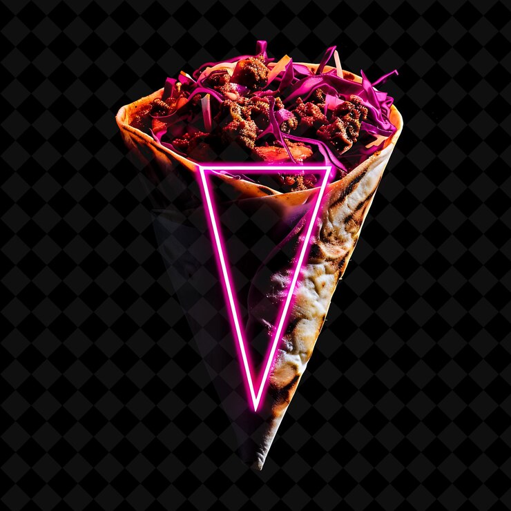 PSD electrifying neon triangles turkish doner kebab in a stylish png neon food decor y2k collection