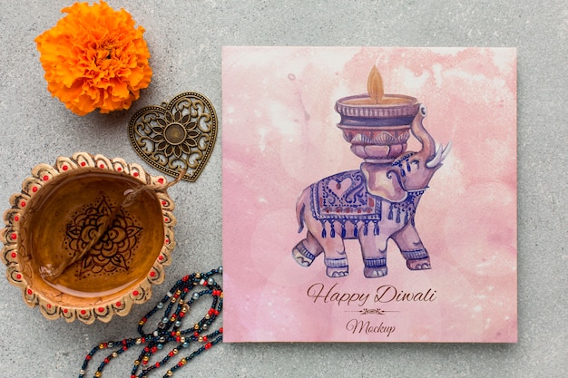 Elefante de acuarela de maqueta de festival de diwali feliz endecha plana