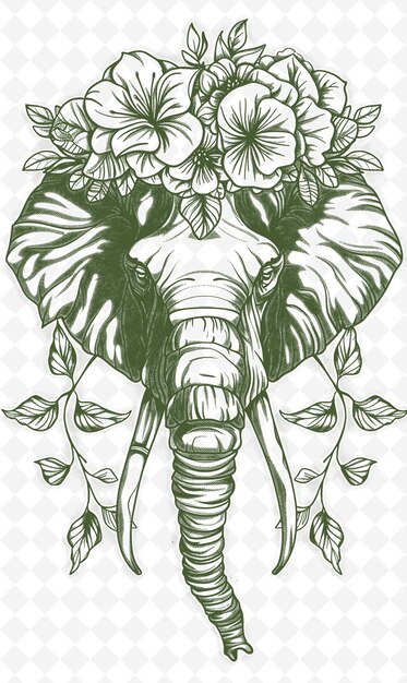 PSD elefante africano con una corona floral y una expresión serena animales esbozo arte colecciones vectoriales