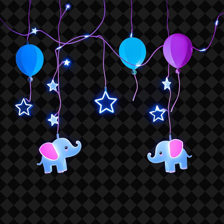 PSD un elefante azul con estrellas y un globo rosa y azul con estrellas en él