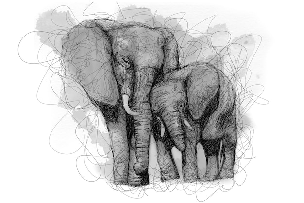 elefante bebé vectorial siendo mimado por su madre con arte de garabatos