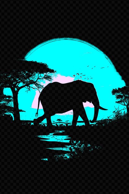 Elefante caminando a través de una sabana con una puesta de sol en la parte trasera psd diseño de arte concepto cartel pancarta