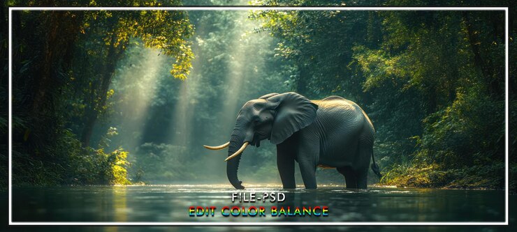 PSD el elefante cruza el río los rayos de sol de la selva
