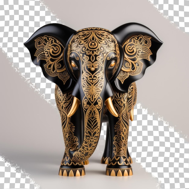 PSD elefante de resina com um padrão gravado preto e dourado parecido com uma escultura de madeira colocada em um fundo transparente isolado usado para decoração de spa como atmosfera