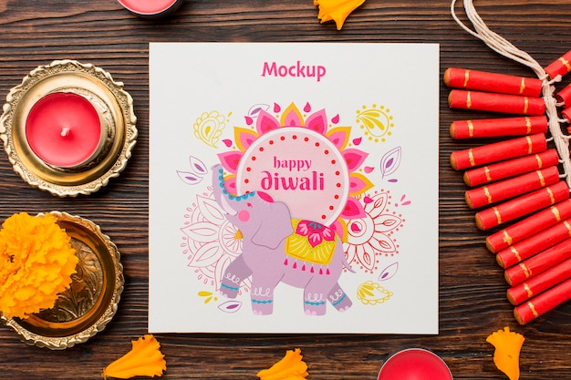 PSD elefante desenhado no feriado do festival de diwali e velas