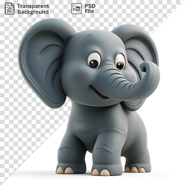 PSD elefante de dibujos animados 3d único trompetando con su trompa hacia arriba acompañado por un elefante gris y un pie blanco con ojos blancos y negros y una pierna gris visible en primer plano