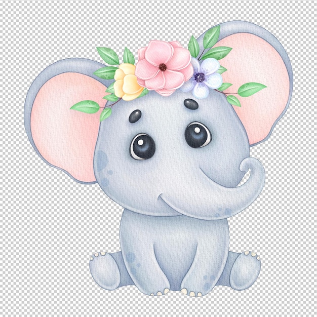 PSD elefante fofo com ilustração em aquarela de grinalda de flores