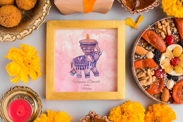 Elefante de maqueta de marco de vacaciones de festival de diwali