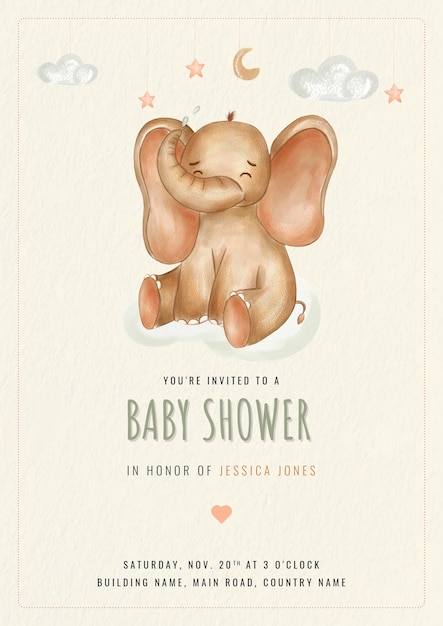 Elefanti ad acquerello per la scuola materna Esempio di poster carino per baby shower Il modello con bambino piccolo