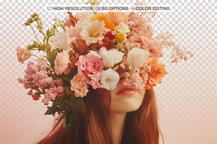 PSD l'élégance florale le visage de la femme caché dans les fleurs