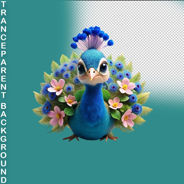 PSD elegancia del pavo real pájaro sereno en el refugio florido pegatina en fondo transparente