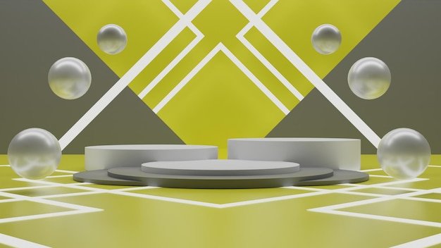 Elegant 3d render white podium on yellow background