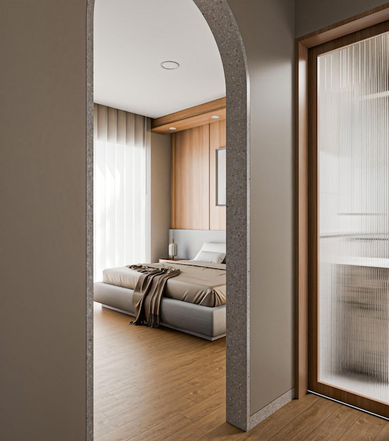 Elegant and Modern Bedroom Interior with Archway and Natural Light