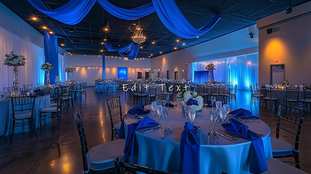 Elegant Ballsaal Hochzeitsempfangsort mit blauen und silbernen Dekorationen