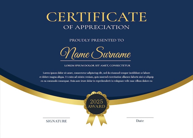 Elegant Certificate of Appreciation Template in Navy and Gold
