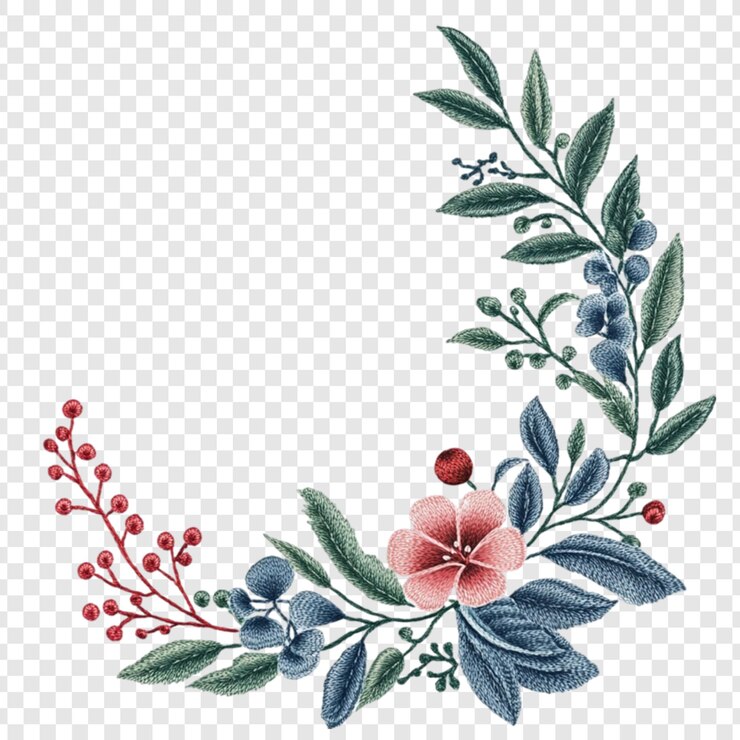 PSD elegant embroidered floral corner design featuring pink flowers blue berries green leaves and red berries perfect for wedding invitations or greeting cards