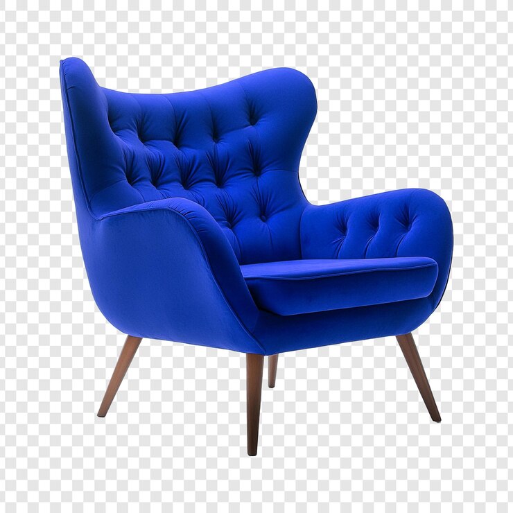 PSD elegant fauteuil en velours bleu avec des jambes en bois