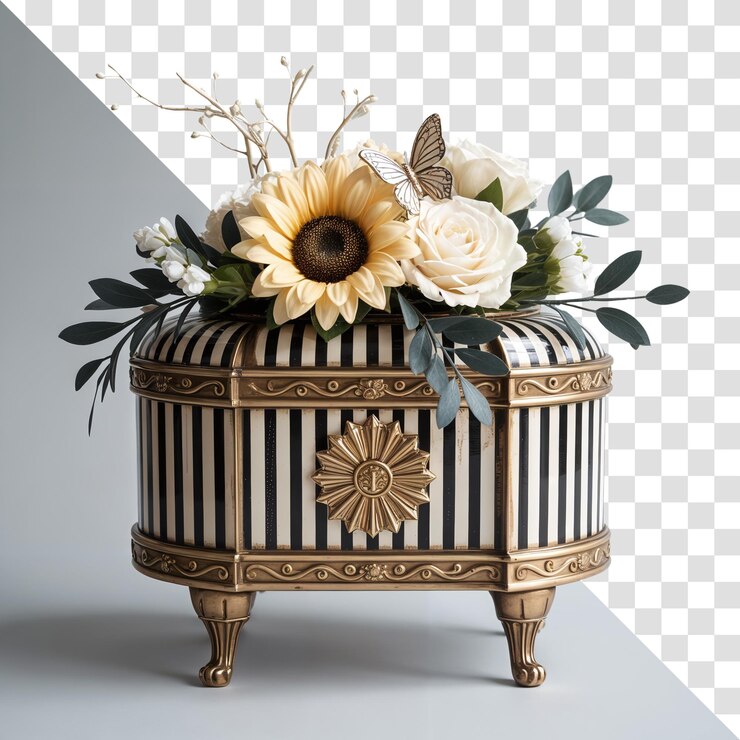 PSD elegant floral arrangement in decorative striped chest with gold accents